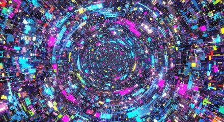 Heavy neon glitch background with fragmented pixels swirling in chaotic digital distortion