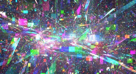 Heavy neon glitch background with fragmented pixels swirling in chaotic digital distortion