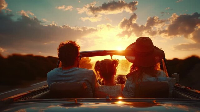 Family enjoys a scenic sunset drive in a convertible, creating lasting memories on the open road., 4k high quality footage