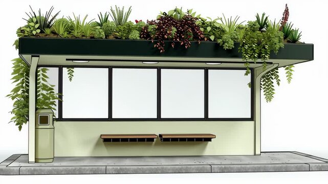 Bus stop with a green roof and a bench. The bench is empty. The bus stop is located on a sidewalk
