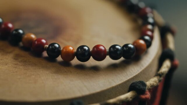 Close-up of a beaded necklace on a wooden surface with a blurred background