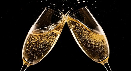 Dramatic moment of two champagne flutes clinking, capturing the bright golden liquid and splash against a dark background.