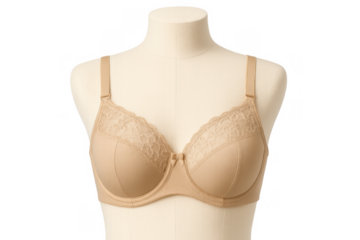 Beige lace bra on mannequin, showing women's fashion, comfortable lingerie, and stylish undergarments with a transparent background
