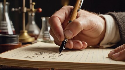 A hand delicately writes in an old notebook, surrounded by various inspiring objects and tools. The intimate setting highlights the beauty of traditional craftsmanship and creativity.