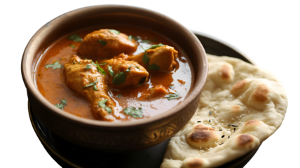 Delicious chicken curry with naan bread served in a traditional bowl dish on transparent background