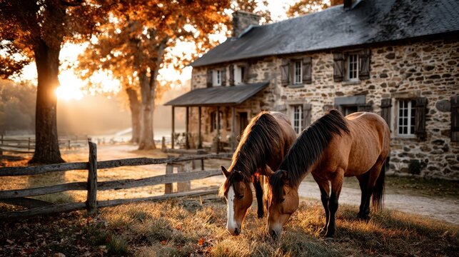Two horses grazing tranquil farm pasture at sunrise