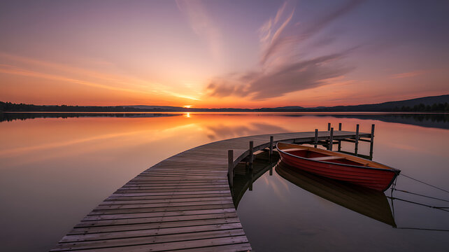 Serene sunset reflecting on tranquil lake with wooden dock and boat, capturing peaceful escape and scenic beauty perfect for travel and lifestyle imagery