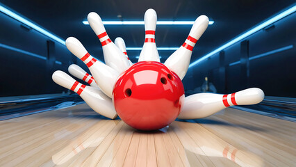 A bowling ball hitting pins scoring a strike on a lane in a bowling alley
