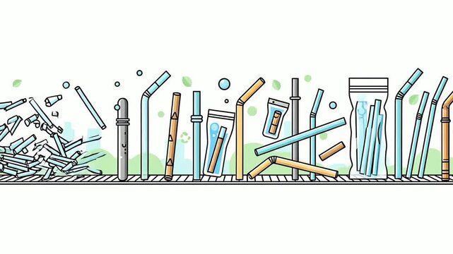 Seamless Loop Animation of Plastic Straws on a Conveyor Belt.