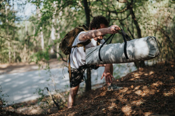 A hiker on a forest path carries a large duffel bag with a backpack, enjoying an outdoor adventure in nature. Ideal for travel, hiking, and outdoor lifestyle themes.