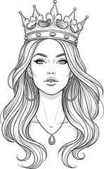 bilion1.eps Elegant Queen Portrait Line Art | Royal Woman Illustration | Crowned Beauty Sketch