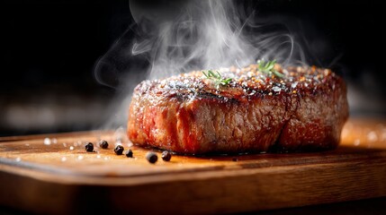 Juicy seared steak resting on rustic wooden cutting board with rising steam close up grilled beef meat food photography for restaurant menu and barbecue concept