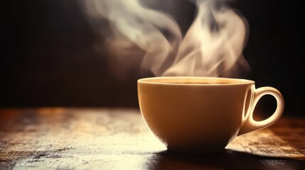 Close-up of Steaming White Coffee Cup and Saucer on a Dark, Moody Background