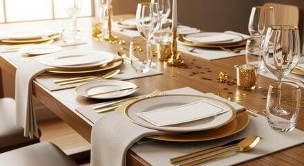 Elegant dining table setting with gold accents, perfect for weddings, events, and special celebrations