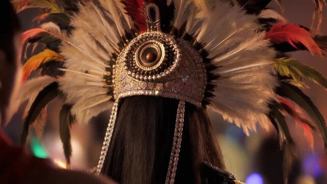 Close-up of a person wearing a traditional Native American headdress with feathers and beads at night.