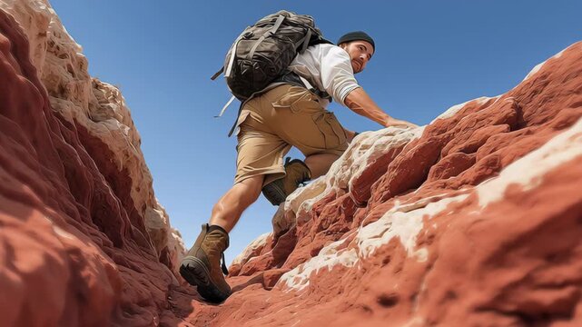 Man is climbing a rocky mountain with a backpack on his back. Concept of adventure and determination as the man navigates the challenging terrain