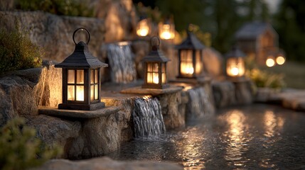 Serene night garden with glowing lanterns and cascading waterfall tranquil landscape background for relaxation meditation and fantasy nature themes