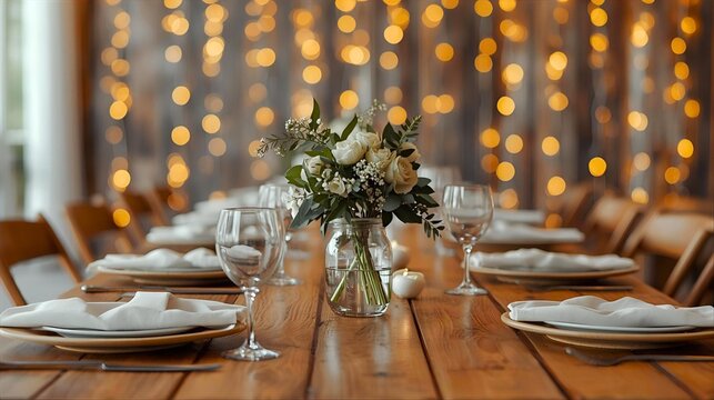 Elegant Christmas wedding reception table setting with flowers, candles, and wine glasses - Powered by Adobe
