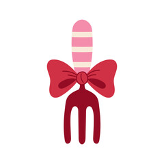 Garden Fork with Bow Element. Coquette Gardening Tool Icon with Pink Striped Handle and red ribbon. Girlish cottagecore item. Flat vector illustration