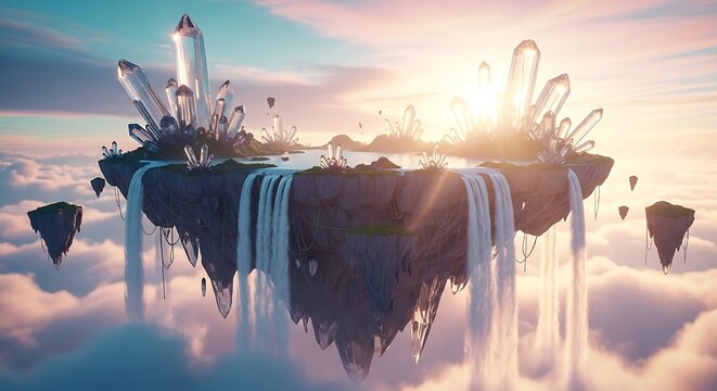 Floating Island with Waterfalls and Crystals in a Dreamy Sky. - Powered by Adobe