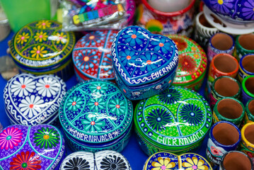 Colorful Artistic Handcrafted Souvenir Boxes with Floral Decoration from Mexico Market