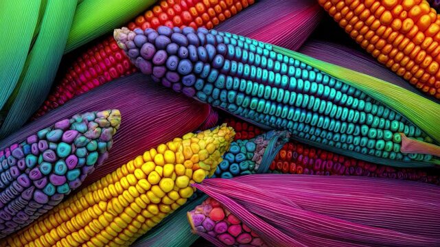 Vibrant rainbow corn harvest showcasing diverse colors and textures, perfect for food or harvest themes, 4k high quality footage
