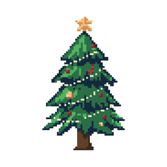 Christmas Tree Pixel Art Vector Illustration, Retro Video Game Christmas Element.