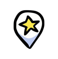 Hand Drawn Map Pin with Star Icon: Location Marker Doodle for Favorite Place, GPS Navigation, Rating, Quality, and Best Destination Element