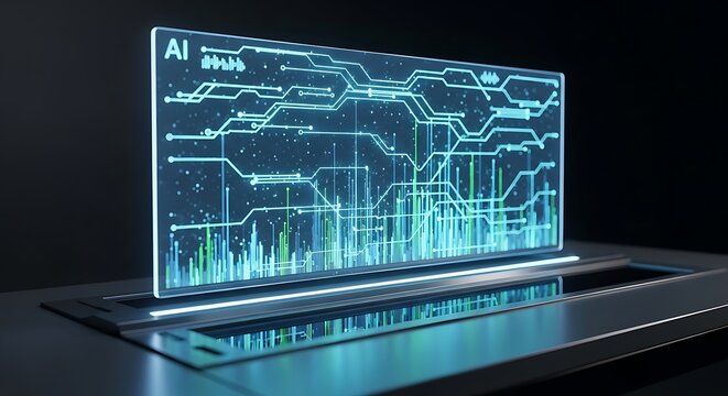Futuristic AI Data Visualization Display with Circuitry and Graphs. - Powered by Adobe