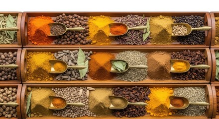 Vibrant array of aromatic spices and herbs, perfect for culinary creations and food photography