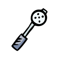 Hand Drawn Skimmer Kitchen Utensil Doodle Vector Illustration. Slotted Spoon Sketch Icon for Cooking, Food Preparation, Home Recipe, Restaurant Equipment, Stainless Steel