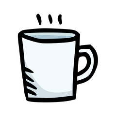 Cartoon Illustration of White Ceramic Mug with Steaming Hot Drink, Minimalist Hand-Drawn Style Vector Doodle for Cafe, Coffee Shop, Morning Break