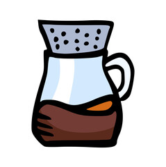Cartoon Illustration of Pour-Over Coffee Drip Brewer with Filter and Hot Black Coffee, Minimalist Vector Doodle for Cafe, Coffee Shop, Beverage