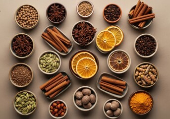 Aromatic spices and herbs artfully arranged for culinary inspiration and gourmet cooking