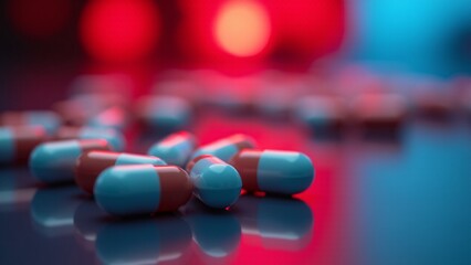 Blue and Red Capsules on Reflective Surface