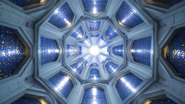 Stunning futuristic dome interior with dazzling blue and gold mosaic light patterns from above, 4k high quality footage