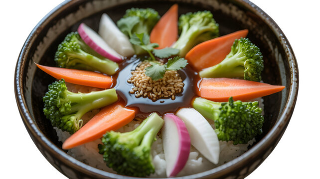 Healthy rice bowl with fresh vegetables and sesame seeds in a ceramic bowl on transparent background