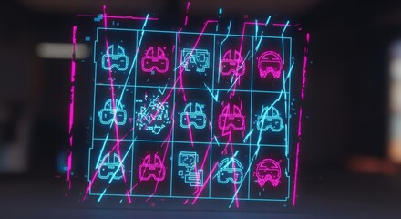 Holographic neon interface displaying corrupted VR headset icons with glitch lines