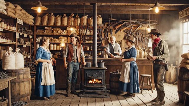 Step back in time as local townsfolk gather in an old general store, sharing stories and engaging in spirited conversation.