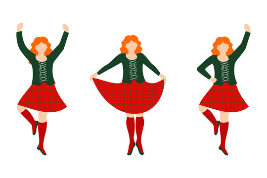 Scottish woman dancer in traditional red tartan costume on Burns Night event, party or festival. Fun folk dance moves and poses set with active festive celebration isolated on white background