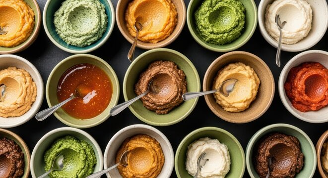 Colorful gourmet dips and sauces in bowls, perfect for appetizers and culinary presentations