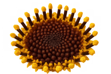 Macro view of a sunflower seedhead displaying intricate patterns of disk florets and a transparent background