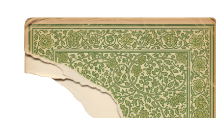 Green floral pattern on aged paper shows vintage texture, creating authentic surface for branding, print material and antique photo backdrop.