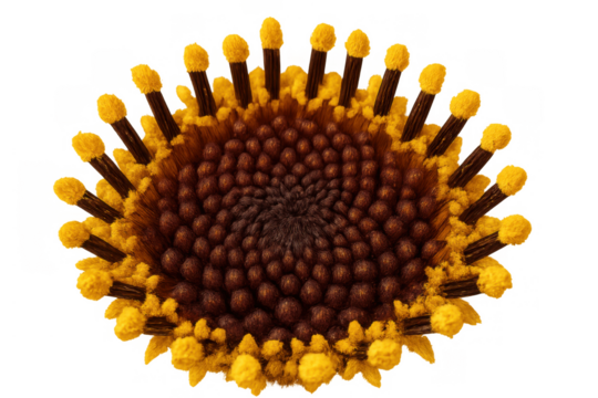Macro view of a sunflower seedhead displaying intricate patterns of disk florets and a transparent background