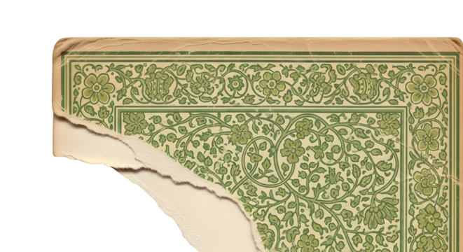 Green floral pattern on aged paper shows vintage texture, creating authentic surface for branding, print material and antique photo backdrop.