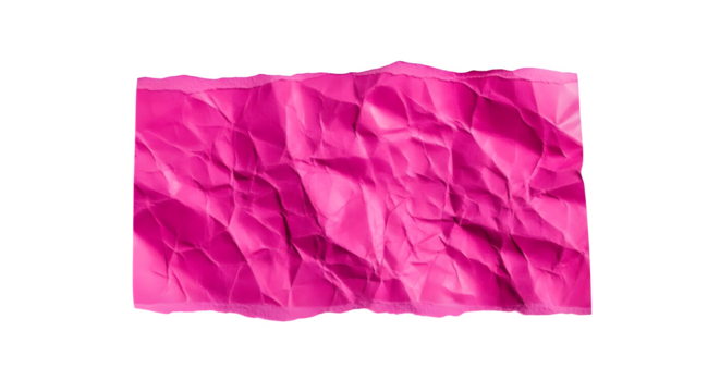 Pink crumpled paper shows rough texture, vibrant color, and raw edges, ideal for digital art, poster background, or creative project backdrop.