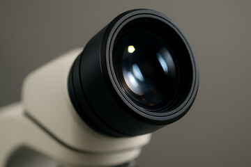 A detailed close-up of a microscope&rsquo;s eyepiece, capturing the glossy lens surface and precision engineering, representing scientific observation, research accuracy, and advanced optical technology.