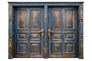 Luxury Antique Blue Wooden Double Door with Golden Handles - Historic Ornate Entrance Isolated on White