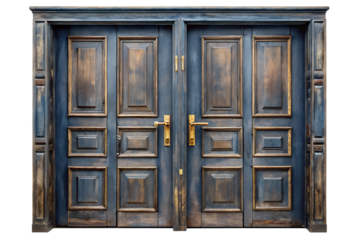 Luxury Antique Blue Wooden Double Door with Golden Handles - Historic Ornate Entrance Isolated on White