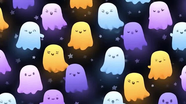 A playful pattern featuring colorful cartoon ghosts in various expressions, ideal for Halloween-themed projects or children's products.